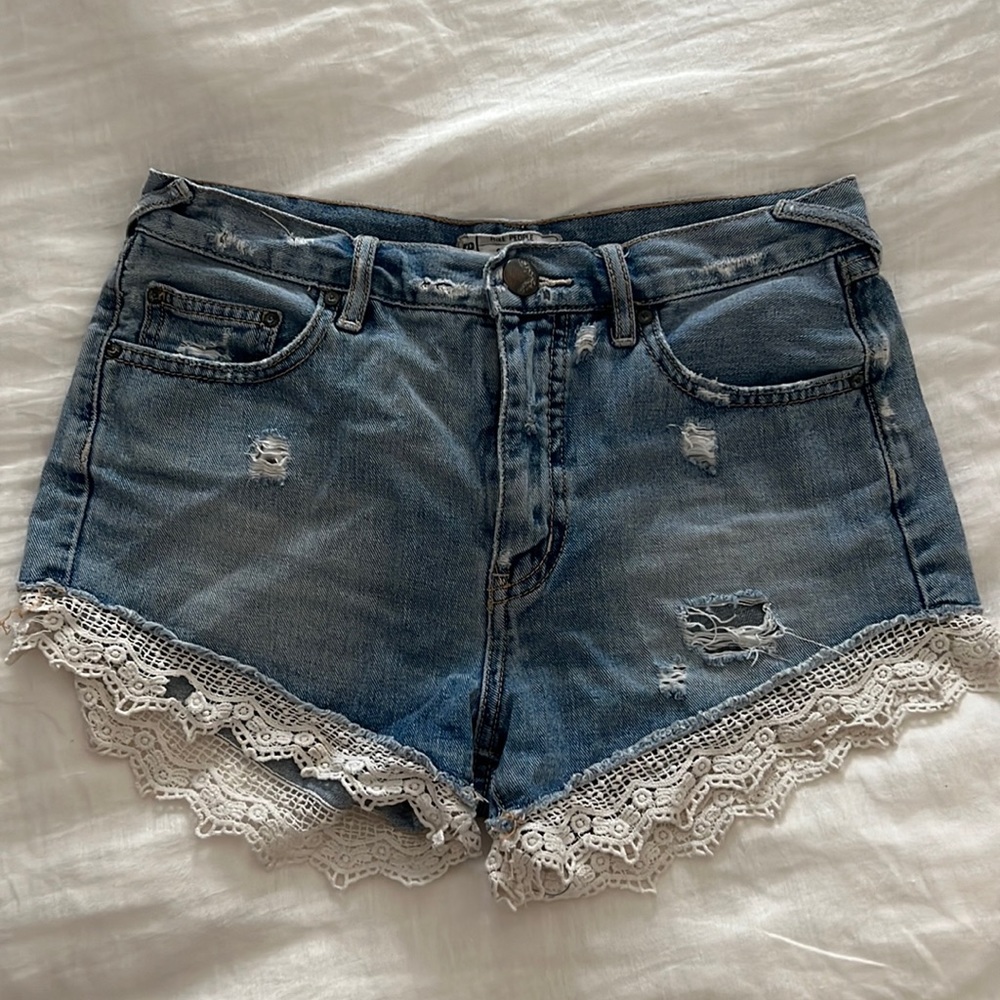 Free People Jean Shorts w/ Lace Fringe